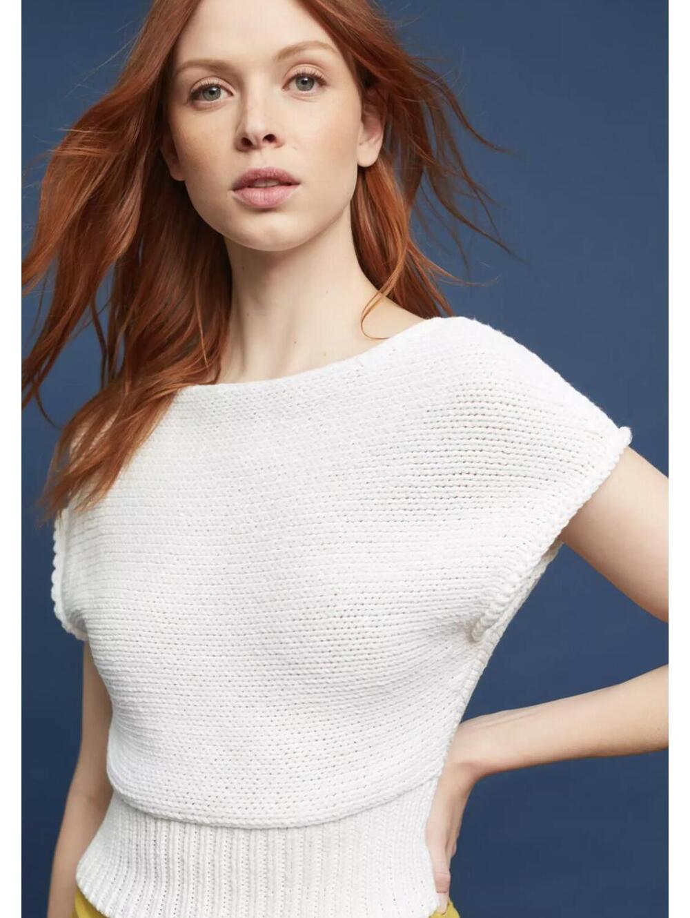 Moth Anthropologie White Cropped Riverwalk Pullover Crochet Crop Knit Chunky